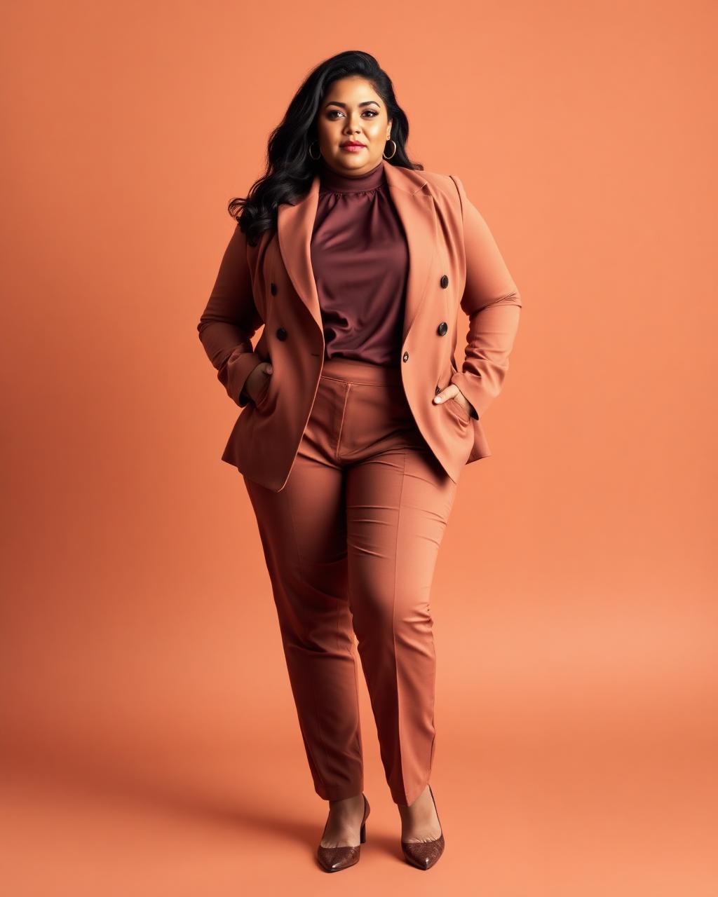 Modelo plus size vestindo peças do catálogo